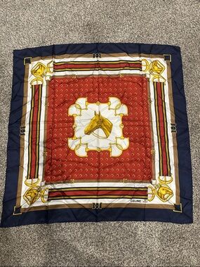 Celine Red Navy Gold Equestrian Silk Scarf